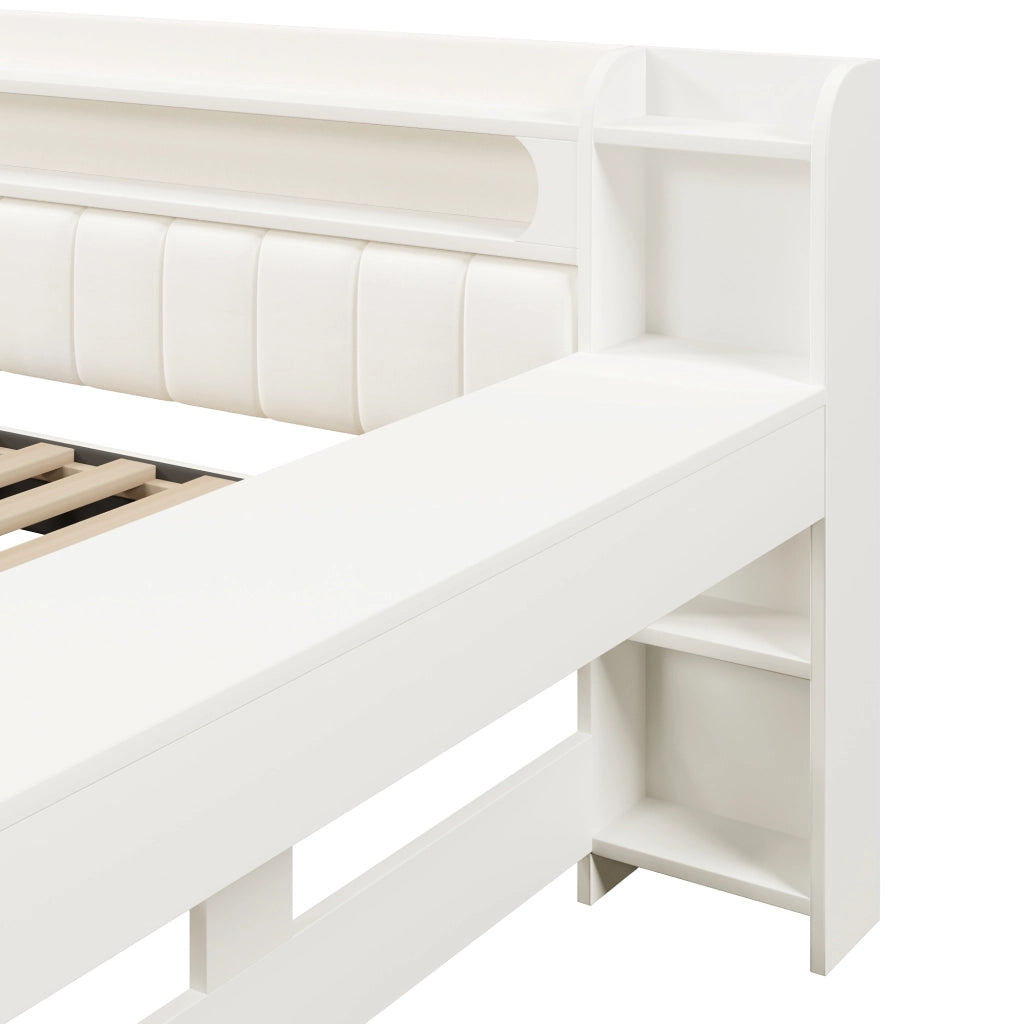 Letto a Divanetto 140x200 cm con USB; LED; Scrivania e 2 Cassetti; Bianco