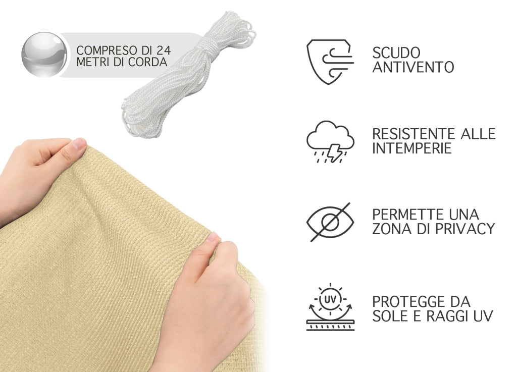 Telo Copribalcone Tinta Unita 90 x 500 Cm HDPE UV Frangivento Con Occhielli e 24 Metri Corda Schermo Privacy Terrazzo Frangivista Recinzione Copri Ringhiera Balconi Antipioggia - Panna