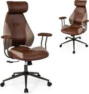 Sedia da Ufficio Ergonomica, Sedia da Scrivania in Tessuto di Lino con Poggiatesta 2D, Schienale Oscillante e Ruote, Poltrona da Lavoro Regolabile Girevole, Portata 150 kg (Marrone)