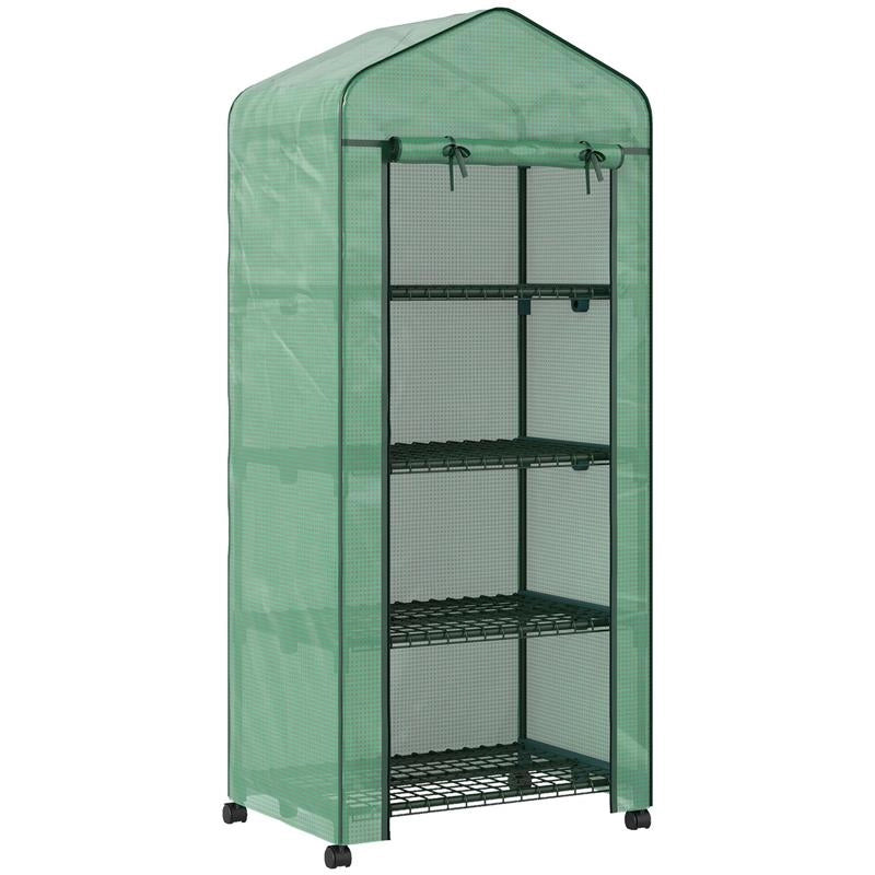 SERRA DA BALCONE A 4 LIVELLI CON 4 ROTELLE E INGRESSO AVVOLGIBILE, IN ACCIAIO E PE, 69X50X165 CM, VERDE