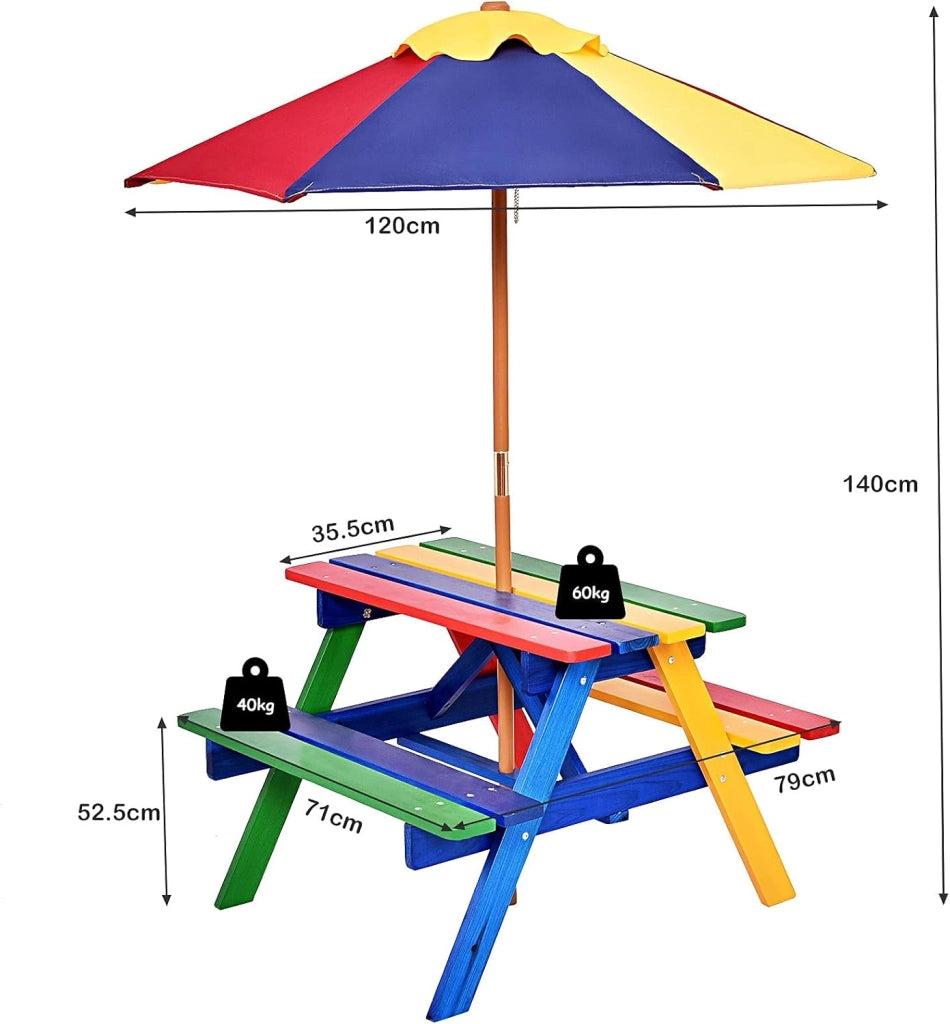 Set di Tavolo Picnic per Bambini in Legno Massiccio con Ombrellone, Set da Giardino per Bambini 1 Tavolo e 2 Panche Colorato per Giardino, Balcone, Campeggio