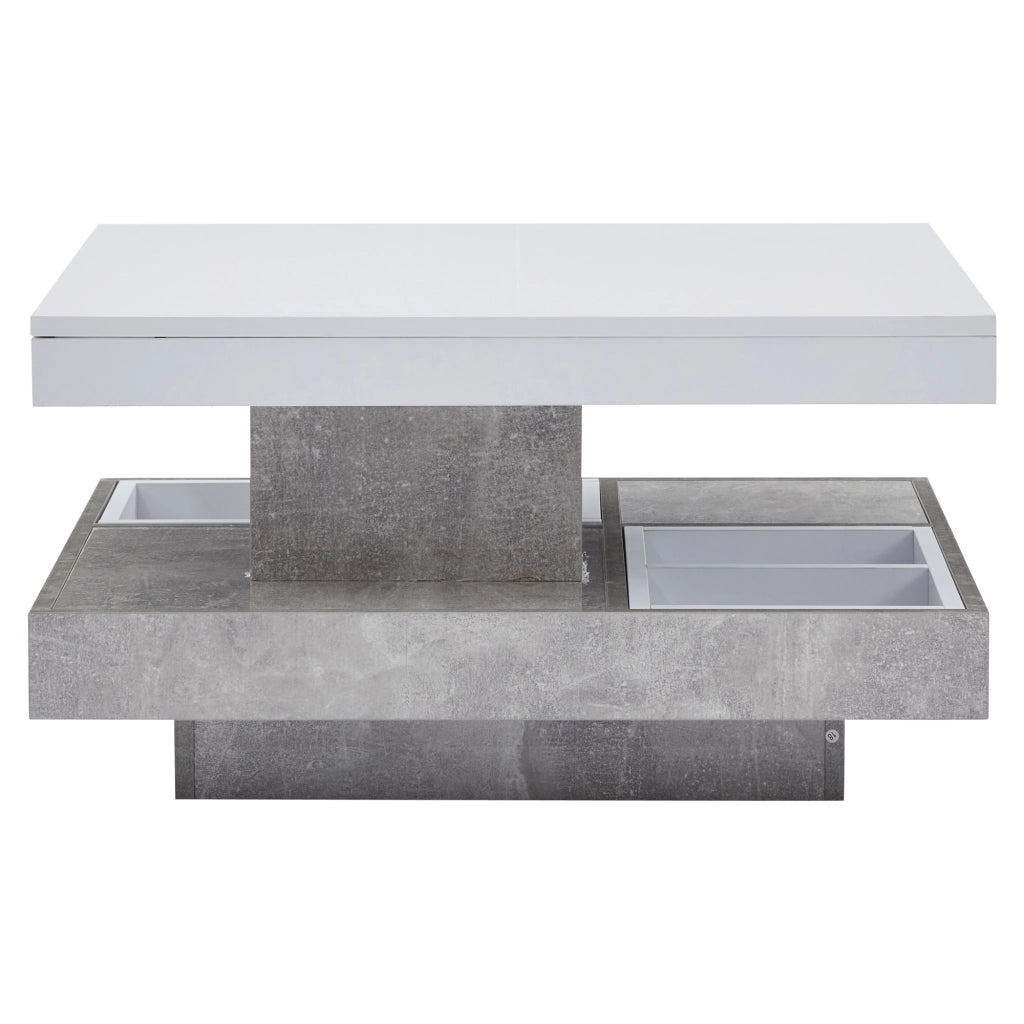 Tavolino da caffè con piano girevole a 360° e vano - per soggiorno - in truciolare - 70×70×36 cm - bianco e marmo