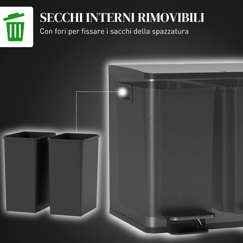 BIDONE IMMONDIZIA A 2 SEZIONI DA 15L CON CHIUSURA SILENZIOSA, IN ACCIAIO INOX E PP, 41.7X36.6X43.2 CM, NERO
