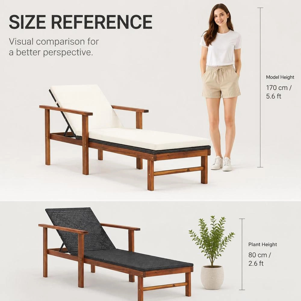 Sun Lounger With Cushion, Poly Rattan, Solid Acacia Wood, Black