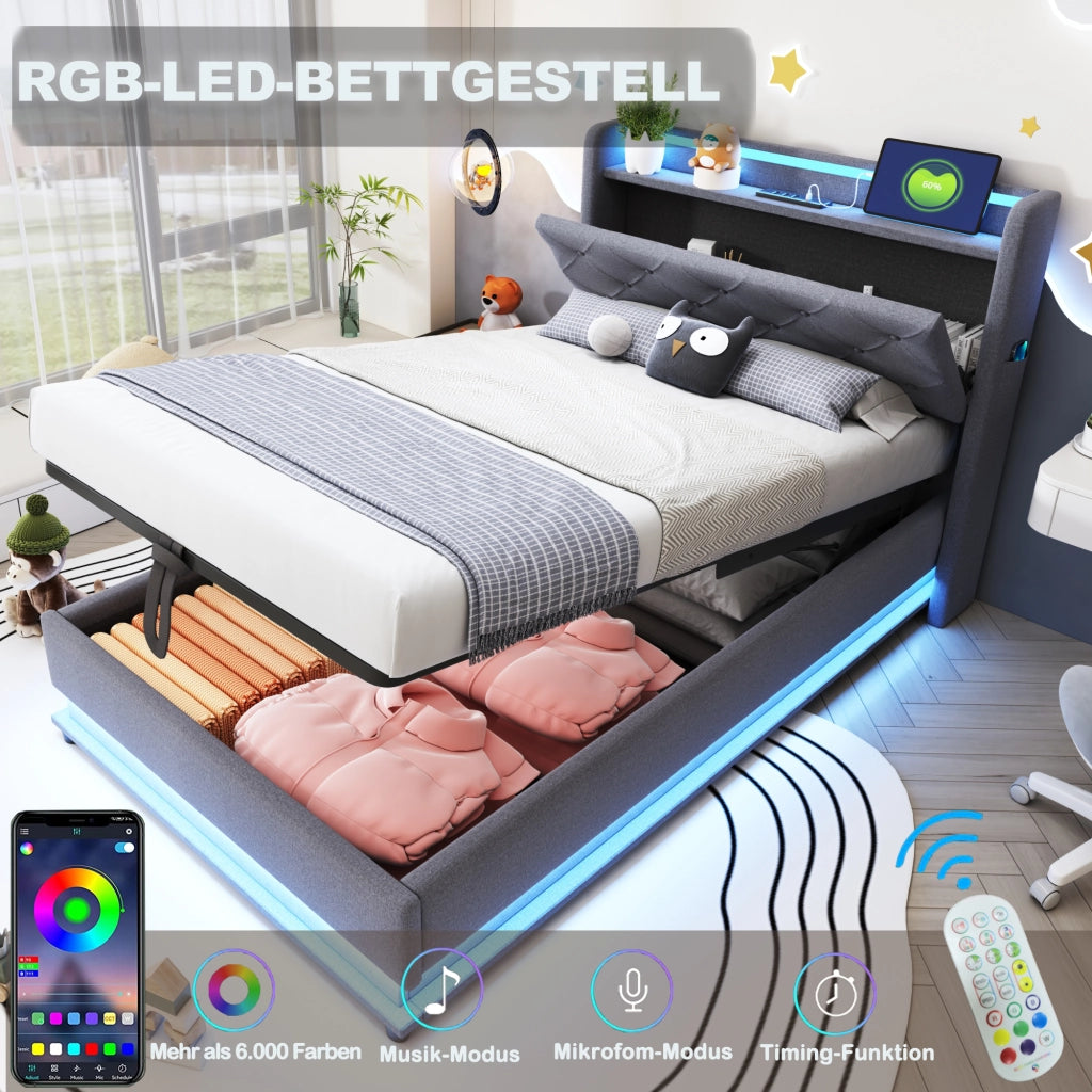 DESMIU Lit simple 90 × 200 cm con LED, USB, Type-C, vano idraulico e senza materasso, in lino, grigio