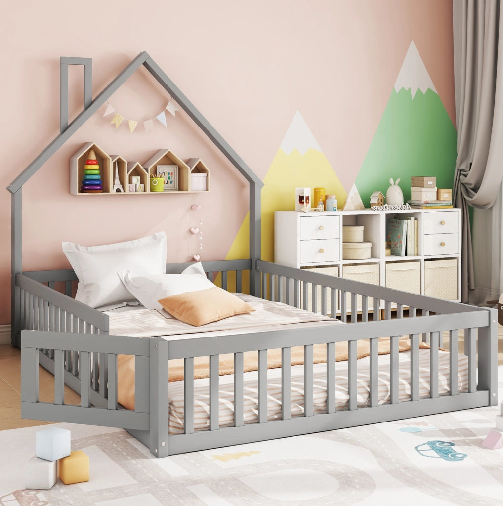 Letto per bambini a camino 140x200 cm grigio con rete
