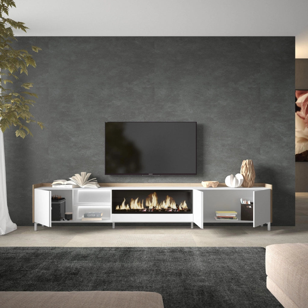 Mobile TV Soggiorno, 315x61x35 cm, Per TV fino a 80", Camino elettrico XXL, Design industriale, LED, Bianco e Rovere soft