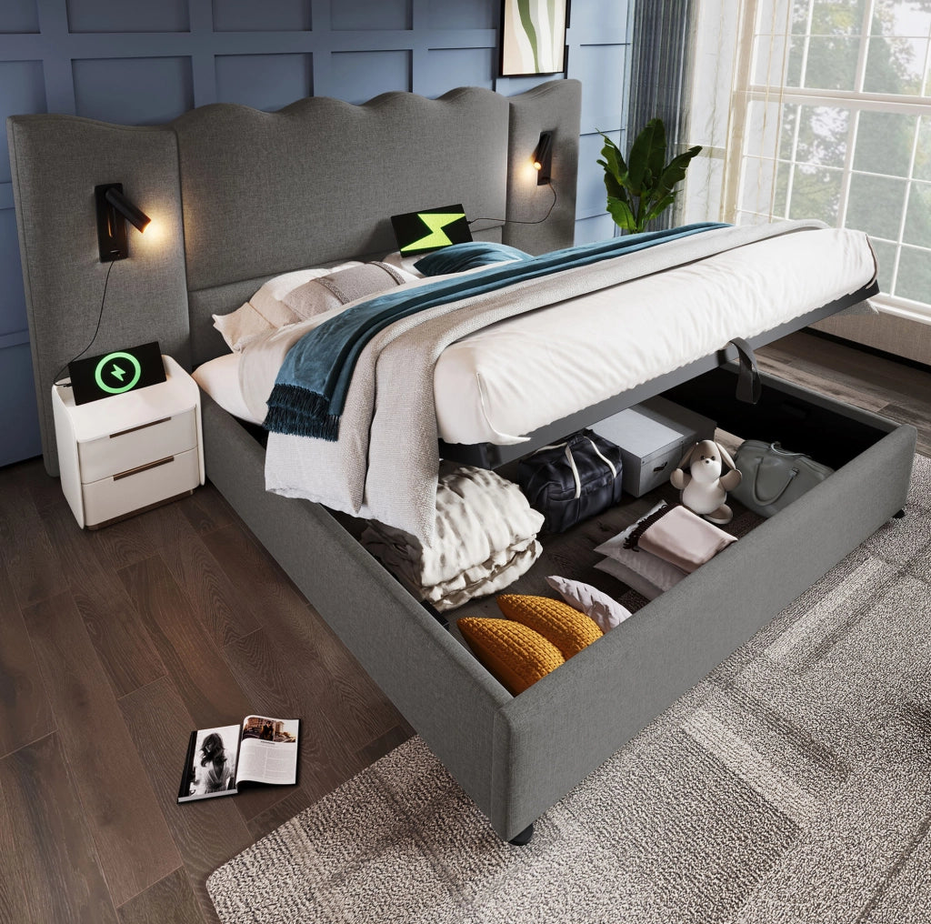 Letto 160x200 cm con lampada da lettura; contenitore e USB-C in lino grigio