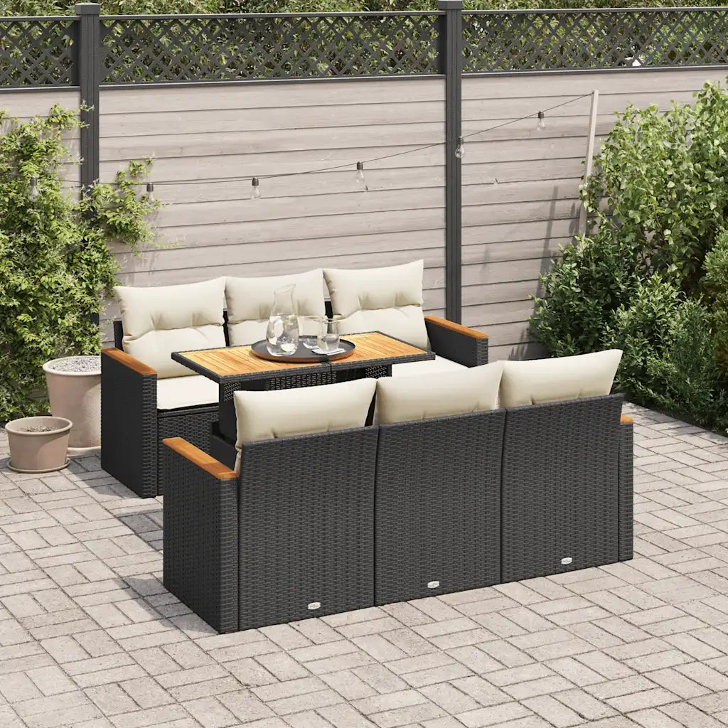 Set Divani da Giardino con Cuscini 7pz Nero Polyrattan Acacia