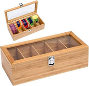 Cassa per thee o caffè - 5 contenitori - Con coperchio in vetro acrilico - Adatto per bustine di the o capsule di caffè - Dimensioni 11,8 x 4,7 x 4 pollici - Bustine di the non incluse