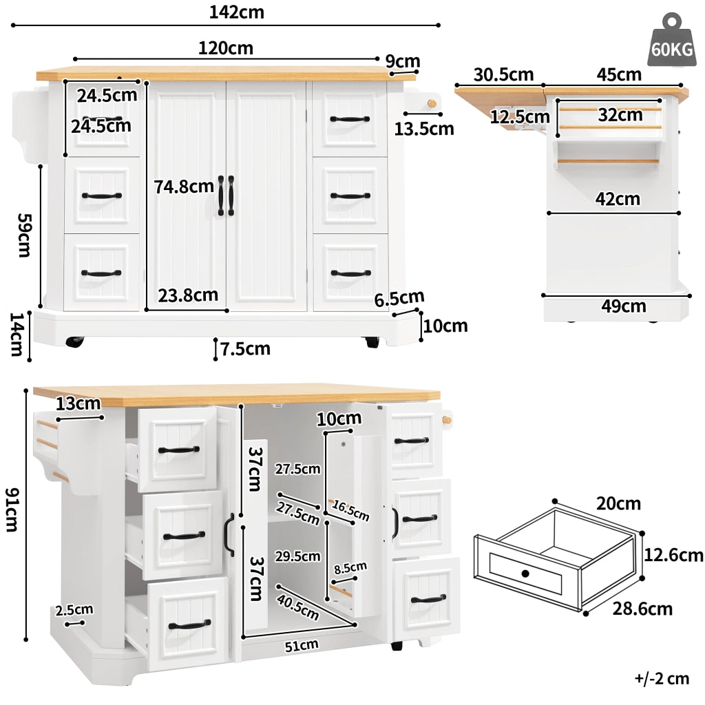 Carrello da cucina con 2 ante; 6 cassetti e 5 ruote con freno; in MDF e metallo; 120 x 45(75) x 91 cm