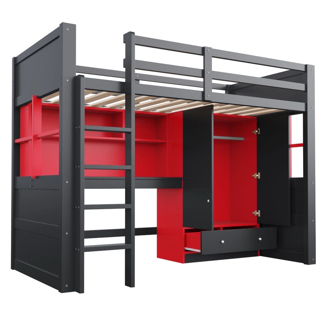LETTO A CASTELLO ALTO 90x200 cm Nero/Rosso con scrivania e armadio