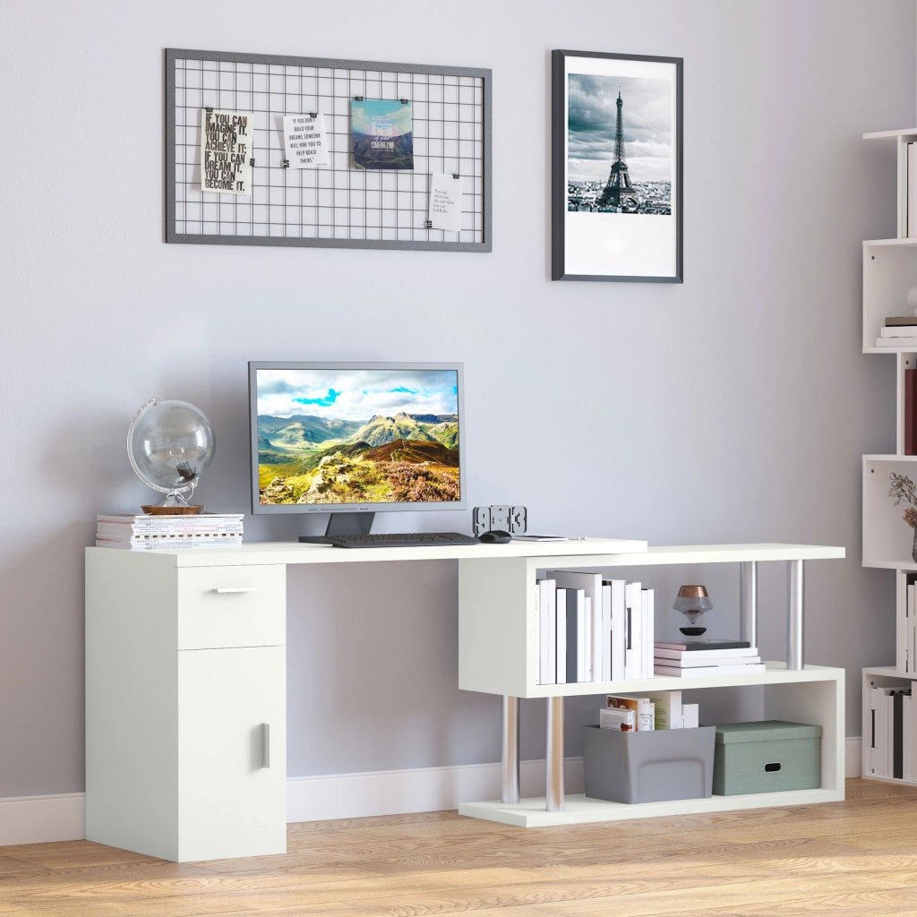 Scrivania Angolare Moderna in Legno con Cassetto, Armadietto e Mensole, Arredamento per Ufficio e Casa, Bianco