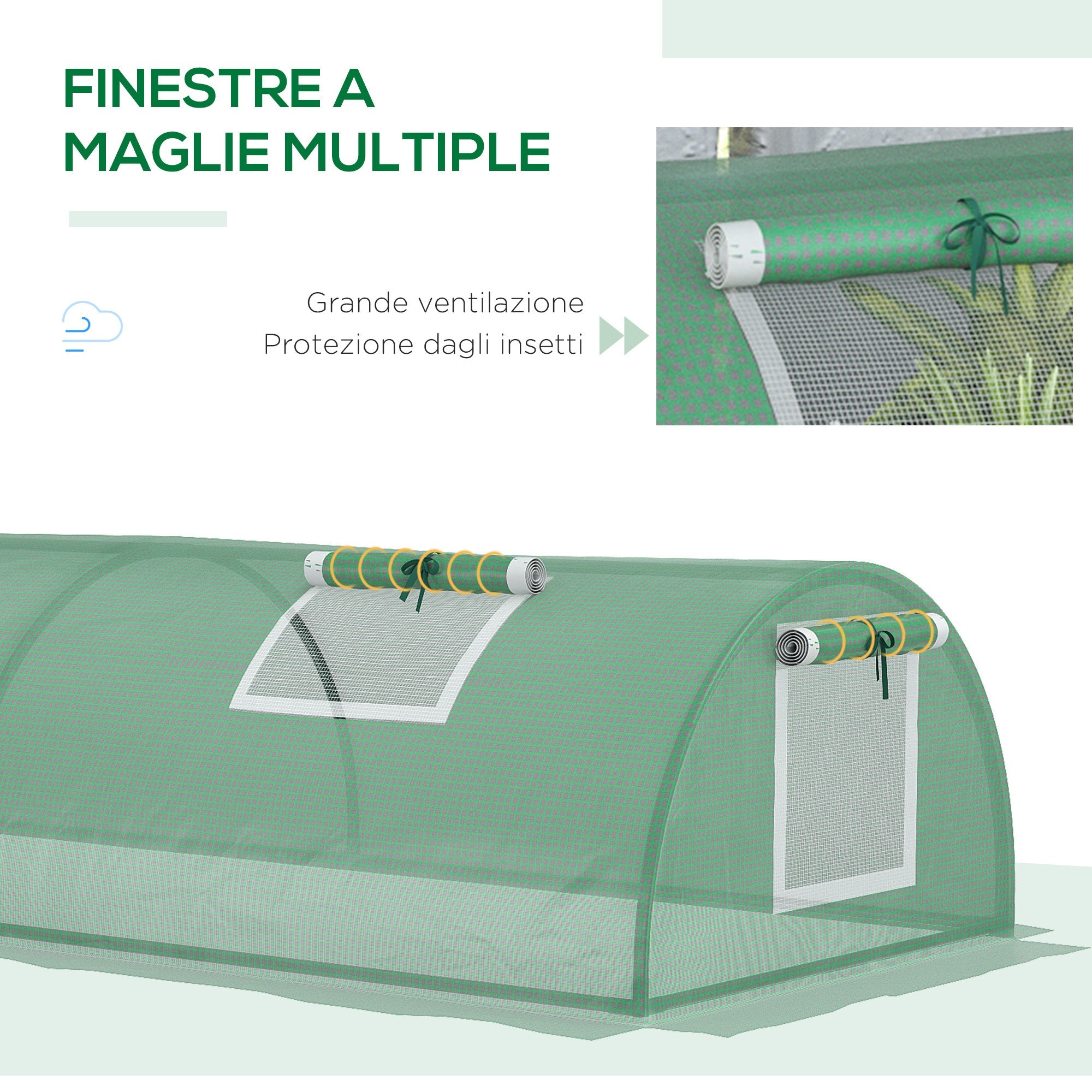 Serra Piccola 300x80x45 cm con 5 Finestrelle e Griglia Centrale in Acciaio PE e PP Verde