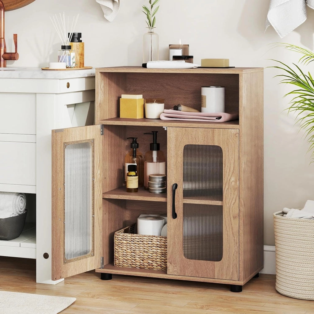 Mobile da Bagno, Mobiletto Salvaspazio con 2 Ante e Ripiano Regolabile a 3 Livelli, Scomparto Aperto, Design Anti-Ribaltamento e Piedini Rialzati, Armadietto per Lavanderia (Naturale)