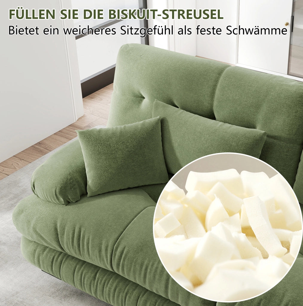 Divano angolare Cloud in chenille verde con 2 cuscini lombari, 2 cuscini decorativi e 2 pouf abbinati