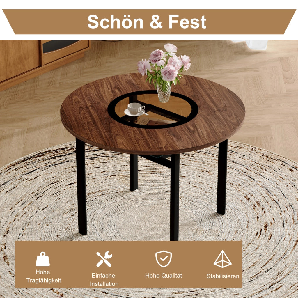 Tavolo da pranzo rotondo con 2 sedie, piano in mdf con inserto in vetro, per cucina e soggiorno, marrone e nero, diametro 100 cm