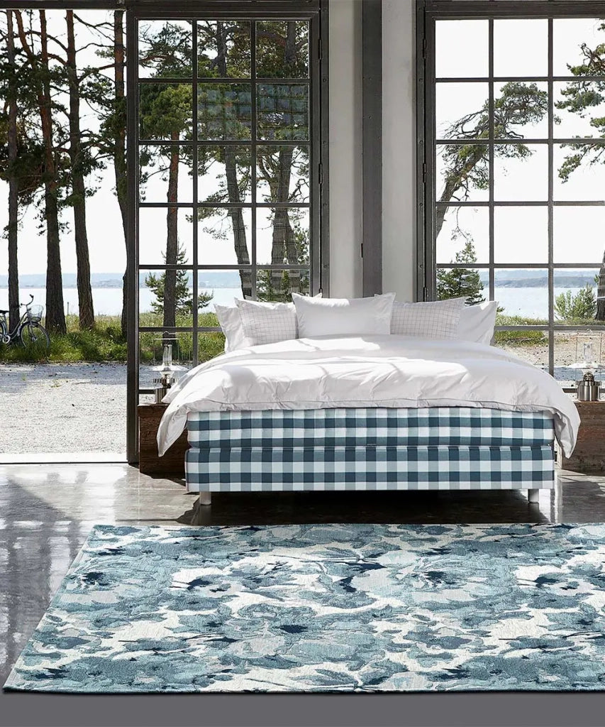 Tappeto floreale moderno con fiori stilizzati DUBAI BEIGE AZZURRO in ciniglia multiuso lavabile antiscivolo cm.85x150