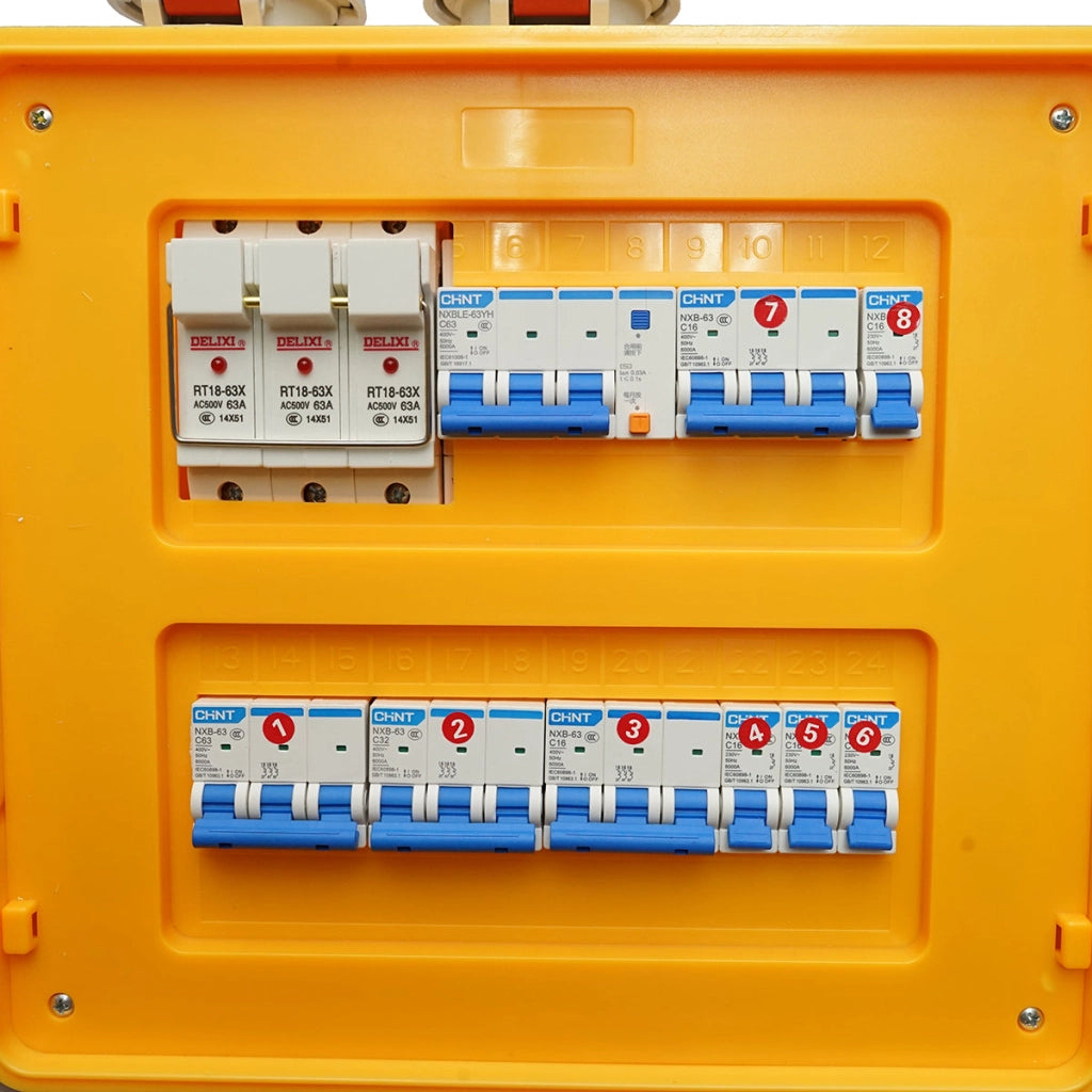 Pannello di gruppo prese portatili per organizzazione cantiere 2x415V/16A, 4x230V/16A, 1x415V/32A, 1x415V/63A, 370x340x330mm IP44/IP67 SUNTREE