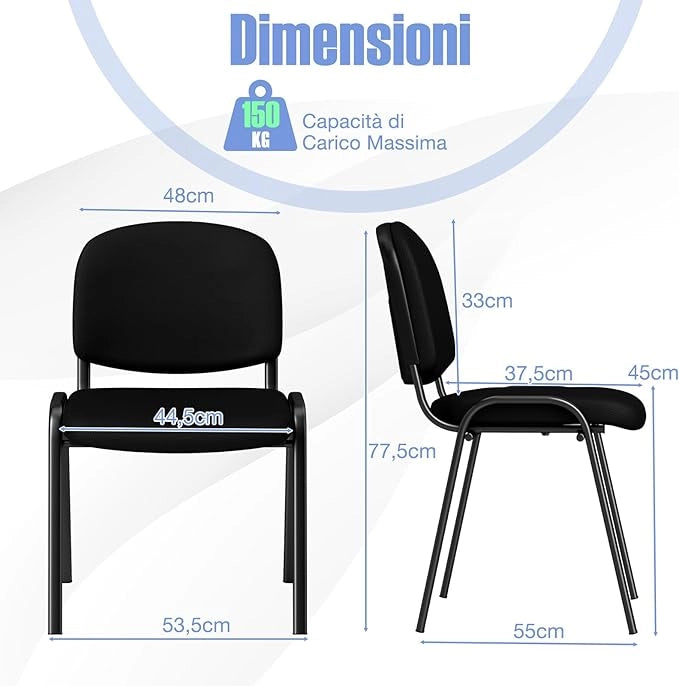 Set di 5 Sedie per Sala d'Attesa, Sedia Ospite Impilabile per Studio Ufficio, per Sala Conferenze, Sala d'Attesa, Portata 150 kg