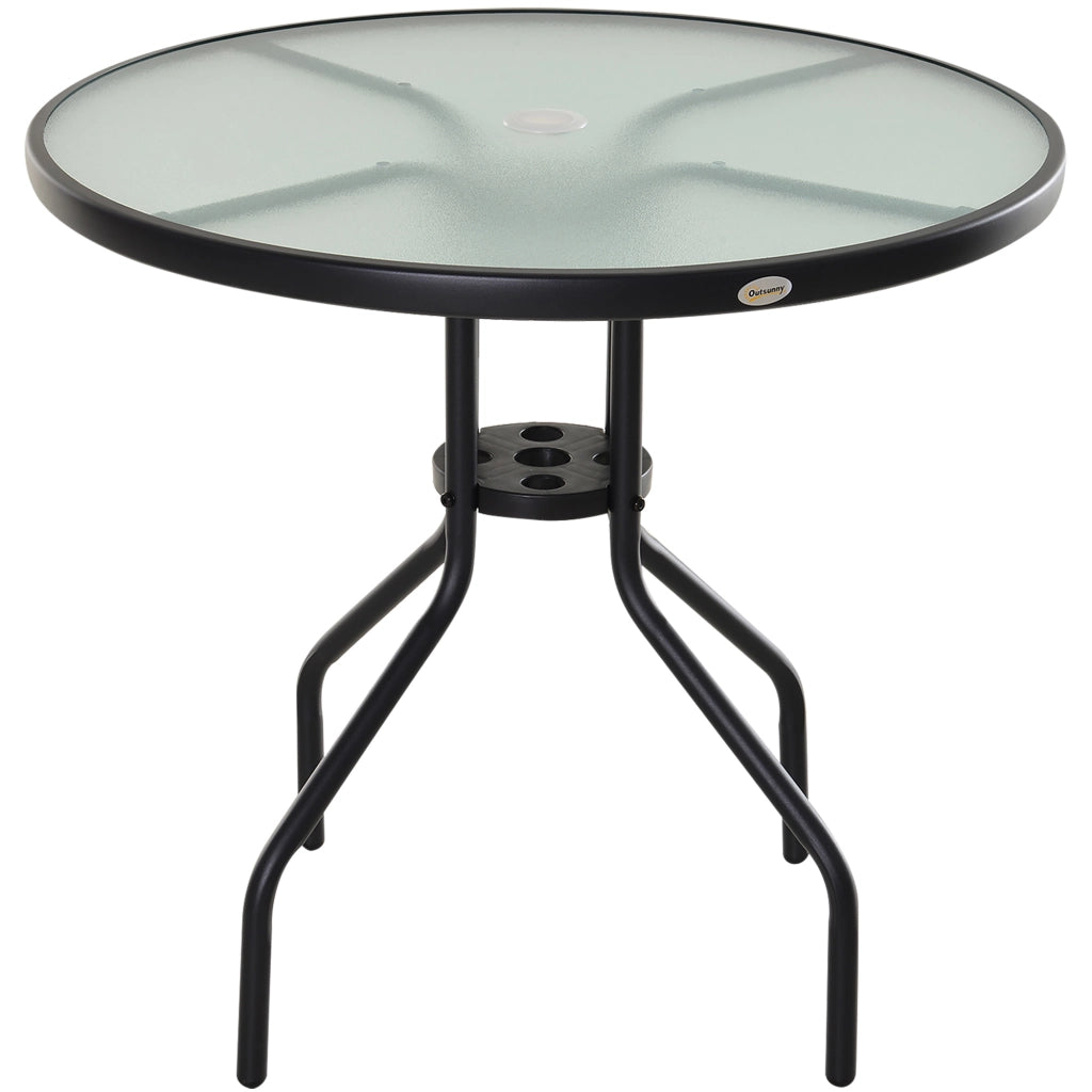 Tavolino da Giardino con Piano in Vetro Temperato e Foro per Ombrellone Acciaio §¶80 x 72 cm Nero