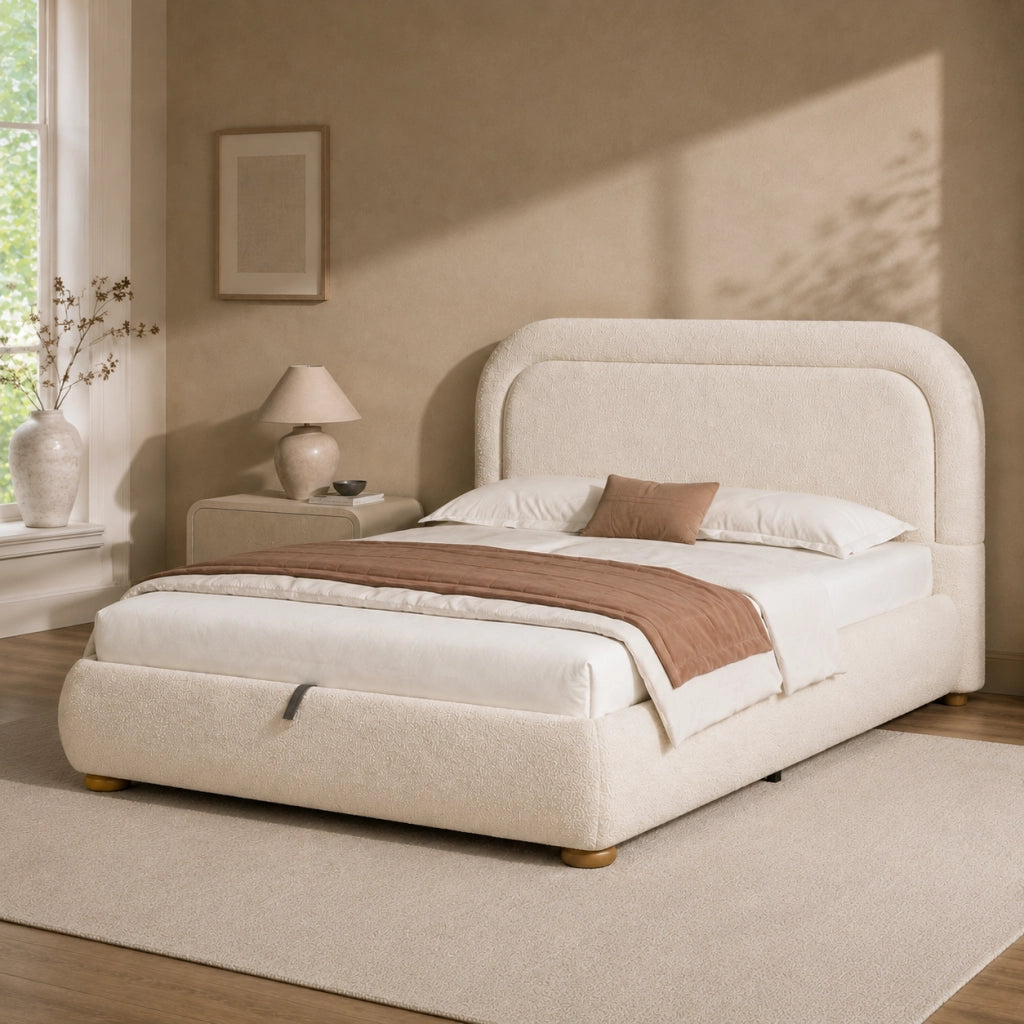 LETTO Contenitore 140x190 cm Bouclé Beige con sommier a doghe