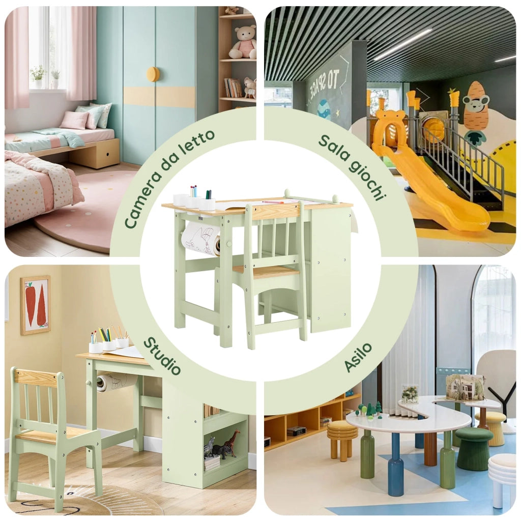 SoBuy Tavolino Bambini con 1 Sedia, Set Tavolo e Sedie per Bambini Multiattività con 2 Ripiani, Tavolo Disegno e Gioco, Sedia Scrivania Cameretta Verde 80x50x66cm KMB60-GR