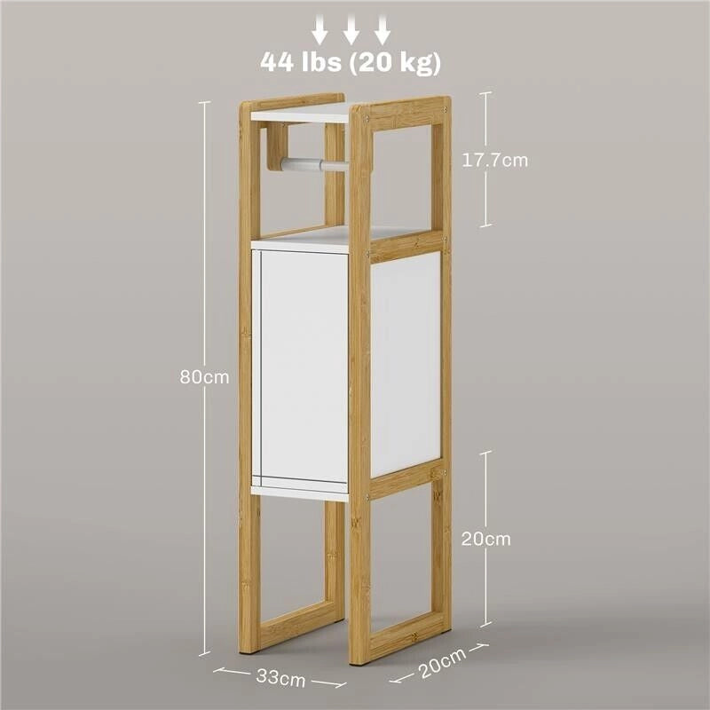 MOBILE BAGNO SALVASPAZIO CON PORTA CARTA IGIENICA, ARMADIETTO E RIPIANO IN BAMBÙ, 20X33X80CM, BIANCO