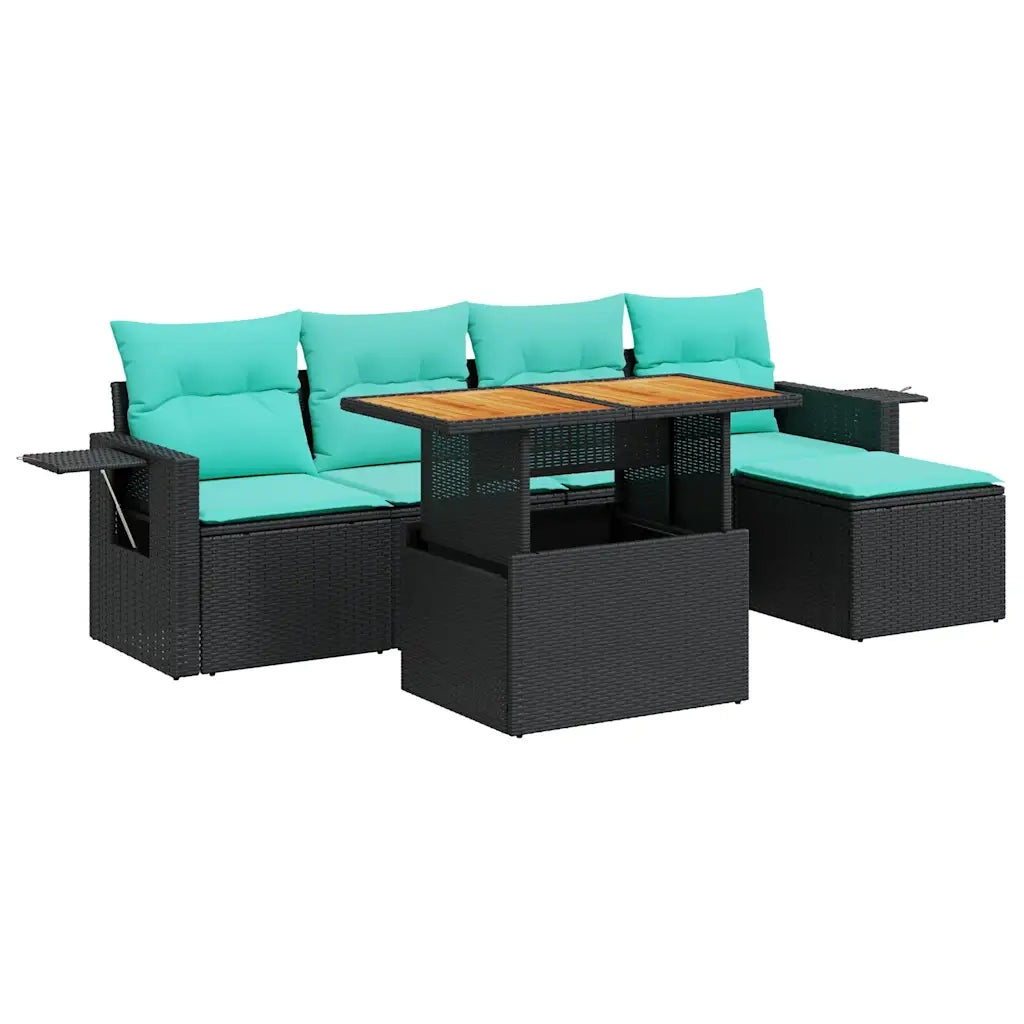 Set Divano da Giardino 6 pz con Cuscini Nero in Polyrattan