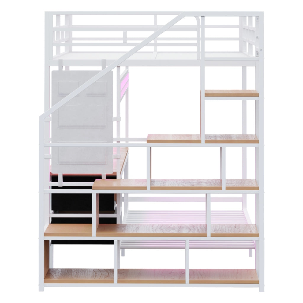OKWISH Letto a Soppalco 140×200 cm e 90×200 cm, Letto 3 Posti con Scrivania, LED, Prese, Contenitori e Cassetti in Tessuto, senza Materasso, Bianco