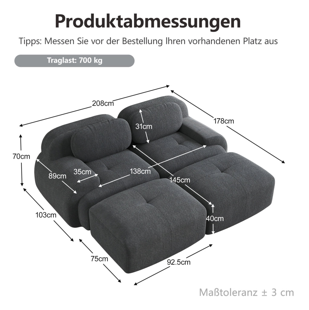 Divano angolare modulare in velluto a coste grigio 208x178x70 cm; senza struttura