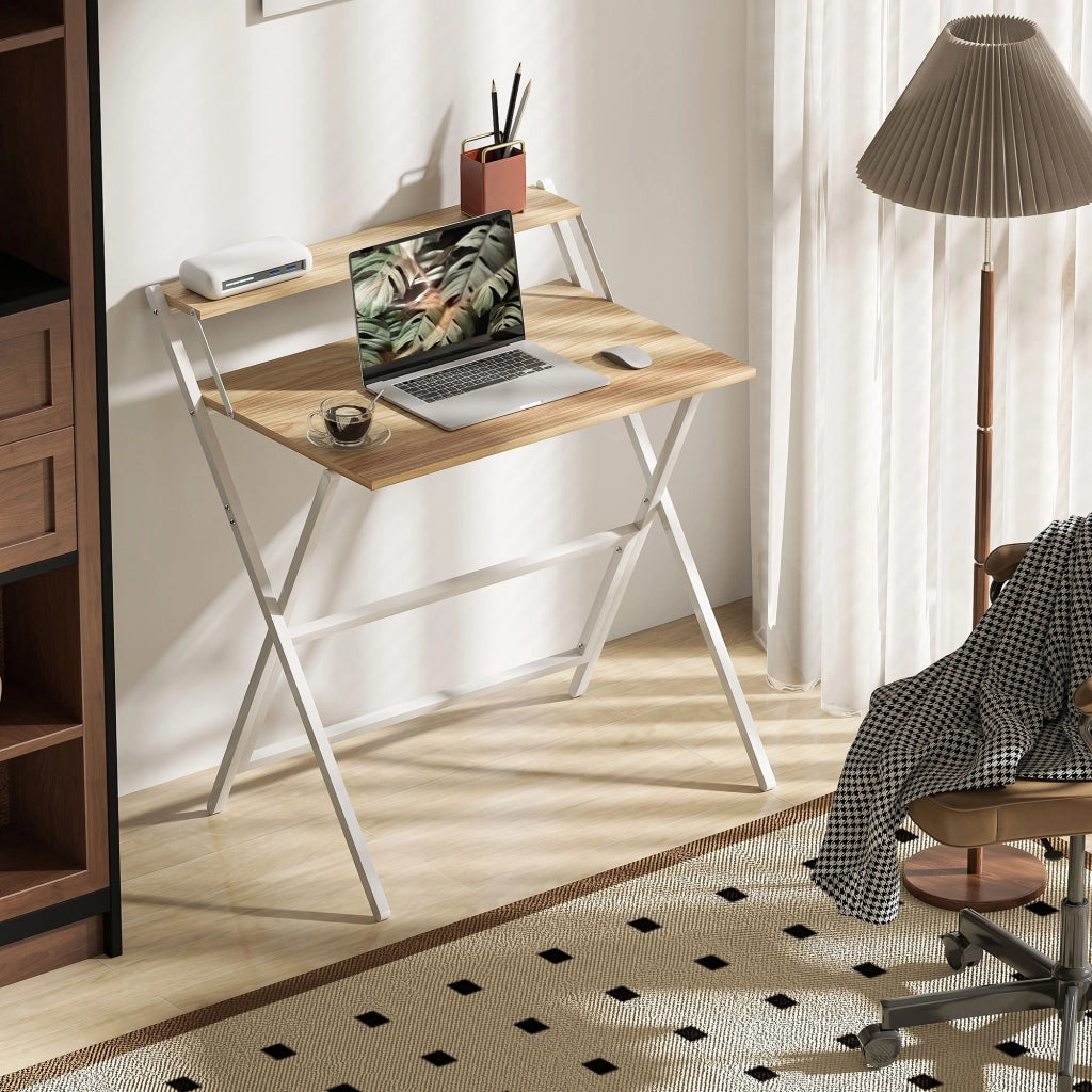 Scrivania Pieghevole con Ripiano per Monitor, 81.5x62x86.5 cm, Legno e Bianco