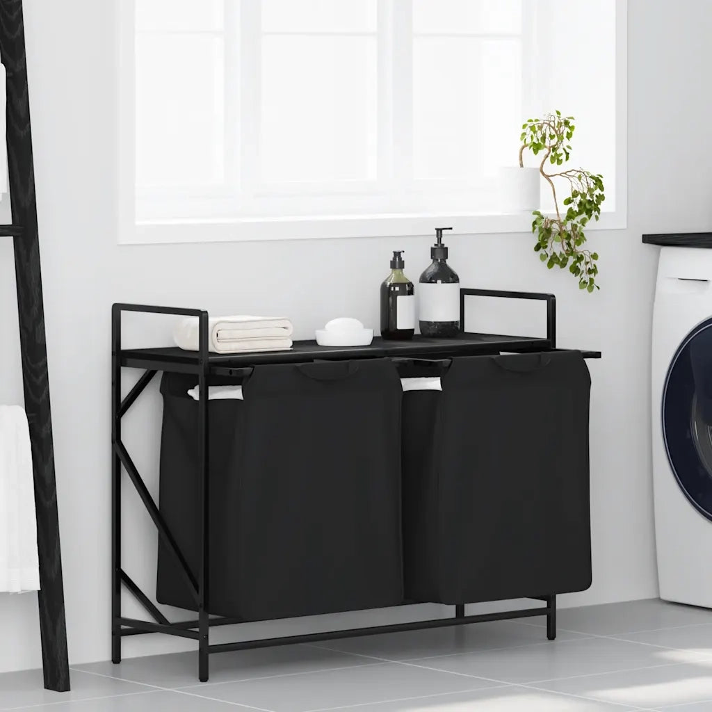 Cesto della Biancheria 2 Scomparti con Ripiano in Rovere Nero CFW4174460