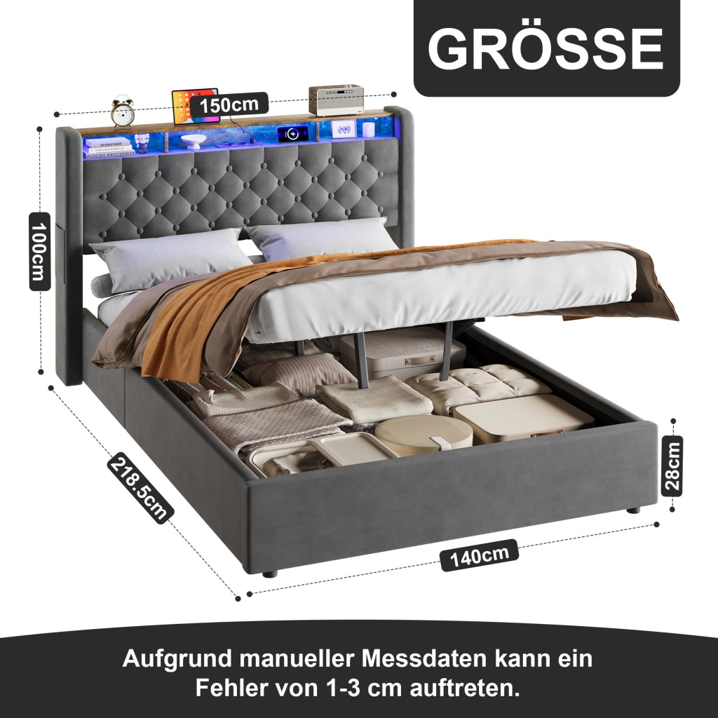 LETTO Imbottito 140 x 200 cm in Velluto Grigio con LED, USB e Contenitore