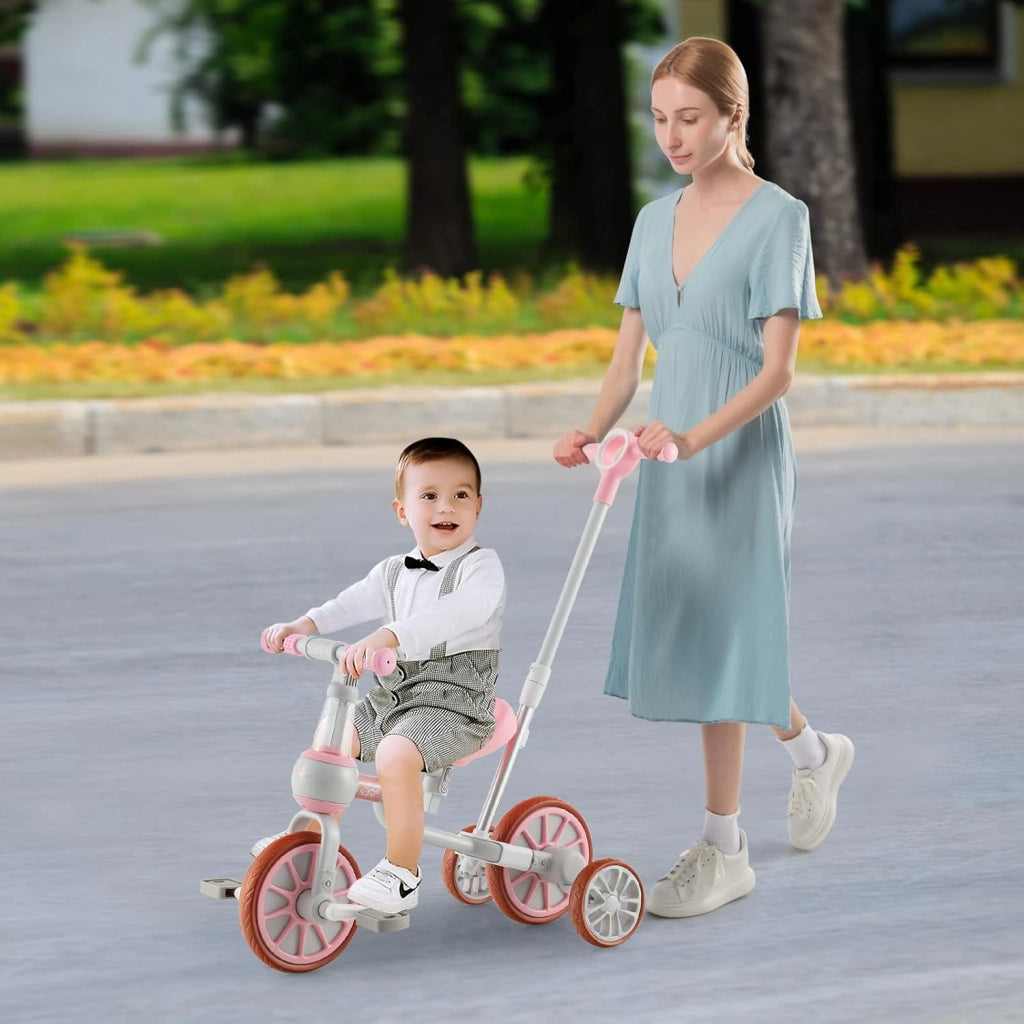4 in 1 Triciclo Evolutivo per Bambini, Bicicletta Bambini con Manico a Spinta Regolabile in 4 Posizioni, Sellino in 2 Posizioni, Pedali Rimovibili, per Bambini e Bambine da 1 Anno + (Rosa)