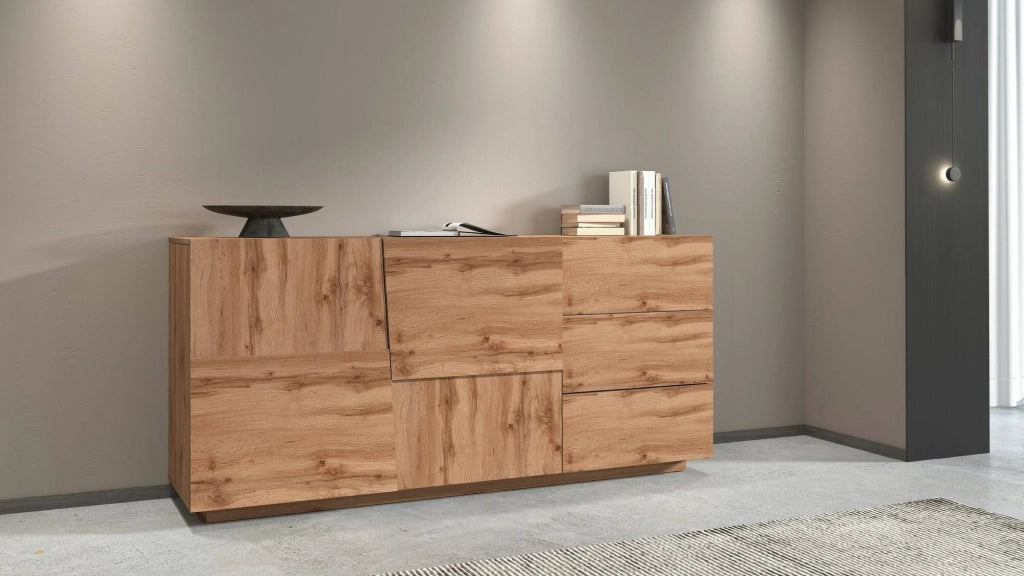 Credenza Avelignese, Buffet da soggiorno, Madia da salotto con 2 ante e 3 cassetti, 180x44h86 cm, Rovere