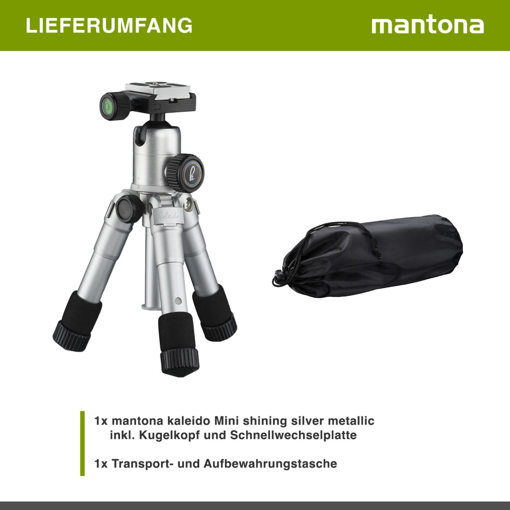 Mantona 21185 kaleido mini foto/tavolo e treppiede da viaggio incl. testa a sfera con piastra a sgancio rapido e borsa per il trasporto argento lucido/metallico