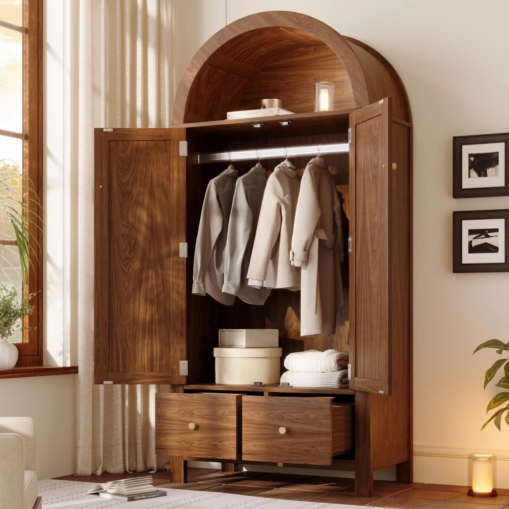 ARMADIO ad arco 181x78x45 cm in effetto noce con intreccio rattan e 2 cassetti