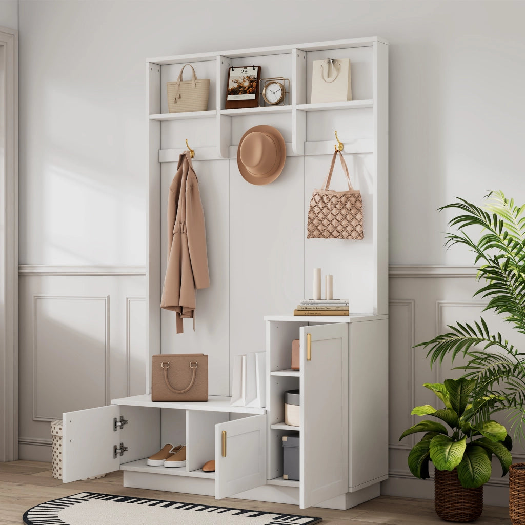 OKWISH Mobile da Ingresso con Panca Scarpiera, 3 Ganci, Vani Aperti e Ripiano Regolabile, Bianco, 120 x 40 x 200 cm