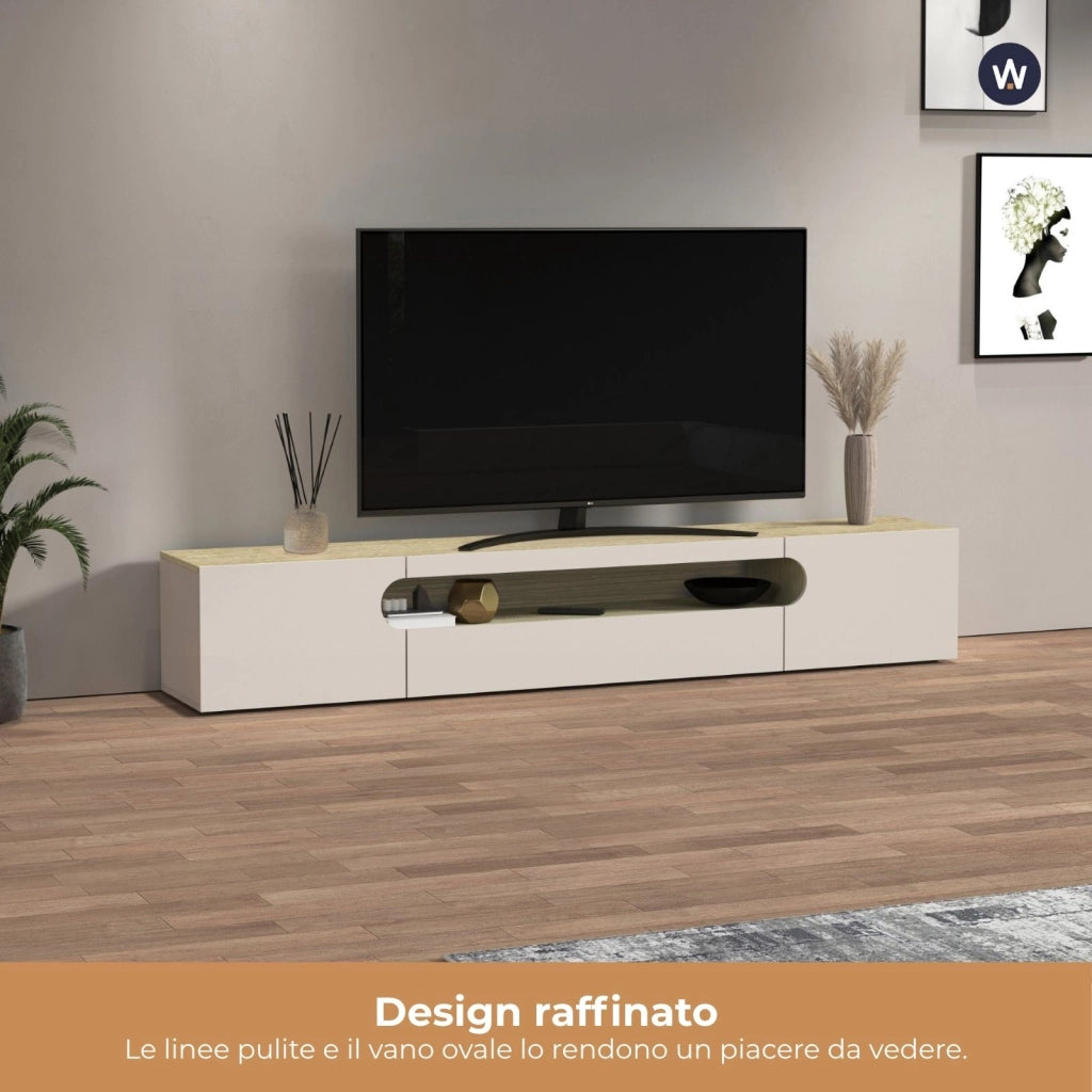 WHOUS Mobile porta TV Real con 2 ante laterali 1 ribalta e 1 vano aperto cashmere e rovere chiaro 240x40x40 cm