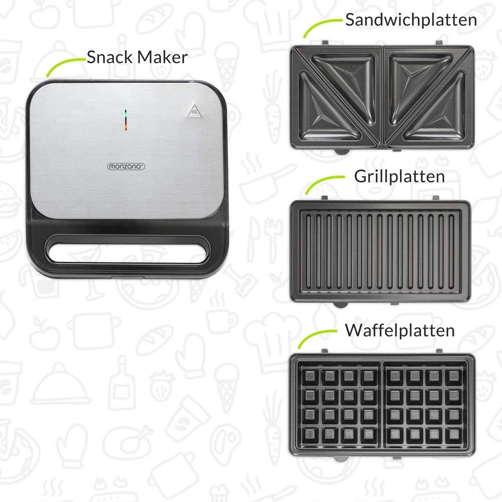 ® Griglia Tostapane 1000W 3 in 1 XXL Rivestimento Antiaderente Sandwich Maker Piastra Elettrica per Cialde Panini Carne