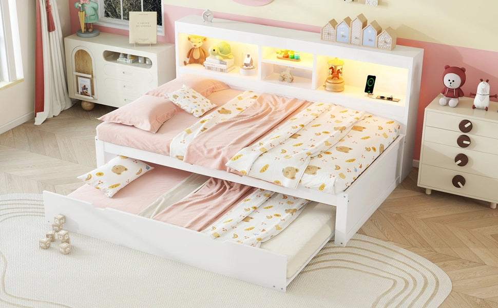 Divano letto daybed 90x200 cm con letto estraibile, LED, USB e presa, vano laterale, bianco