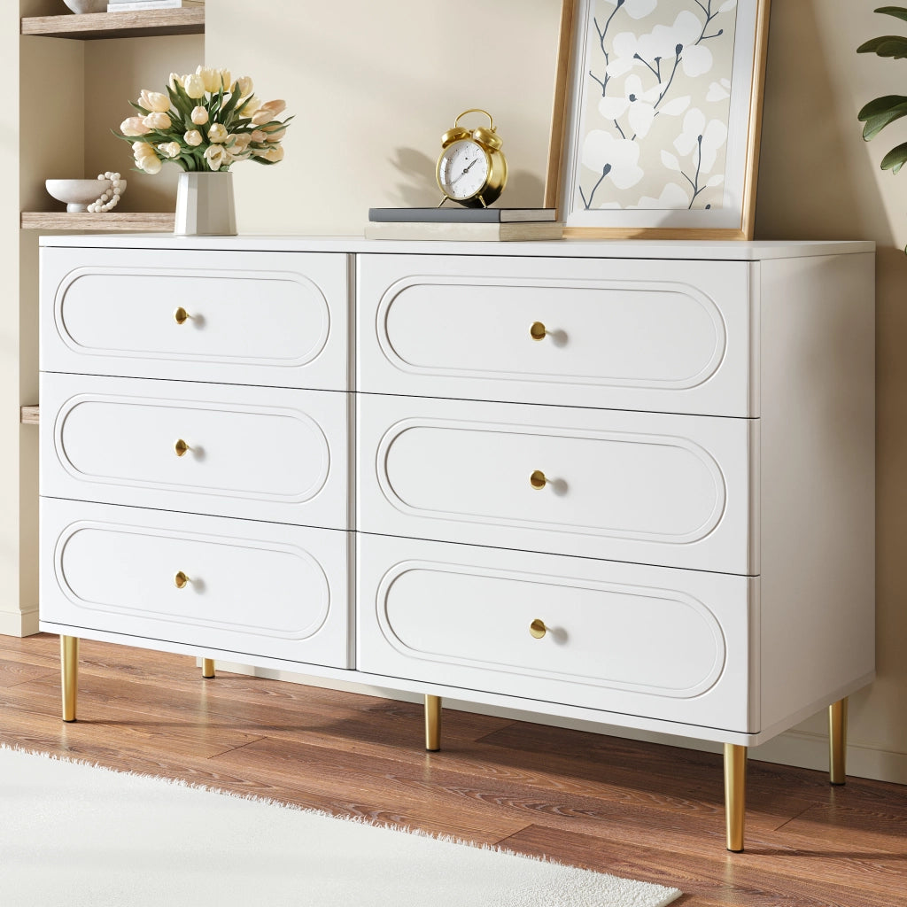 Credenza con 6 cassetti e piedini in metallo - per soggiorno - 120×40×75 cm - bianco