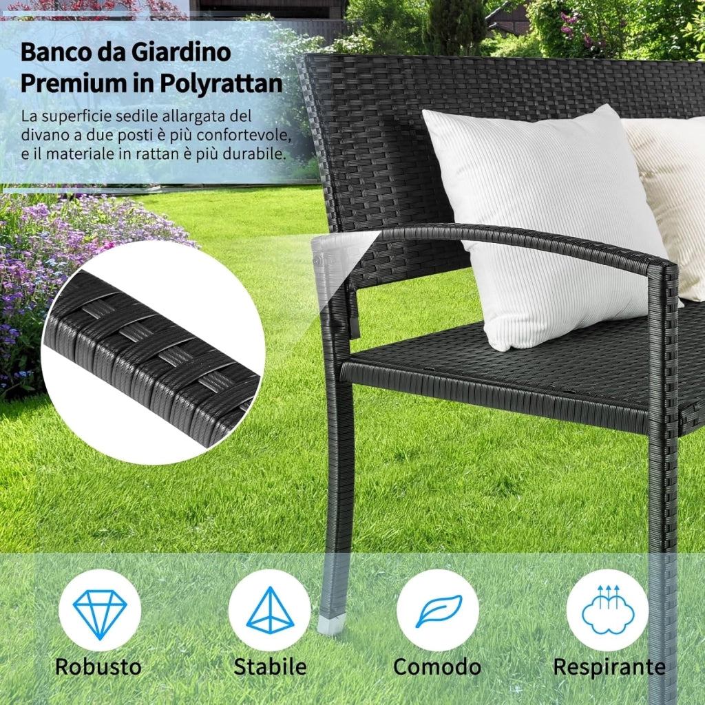 Panca da Giardino in Rattan, Resistente Alle Intemperie, Panca da Balcone a 2 Posti, 122x60x85 cm, Rattan Monofacciale, Sedia da Giardino per Esterno, Terrazze e Balcone, Nero