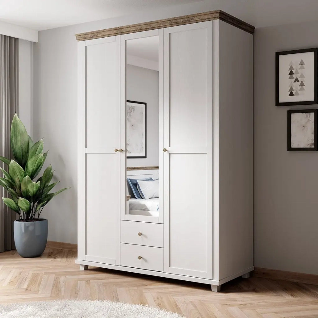 Armadio 150x220 con 3 ante e 2 cassetti. Colori bianco e rovere. Collezione ASSIA.