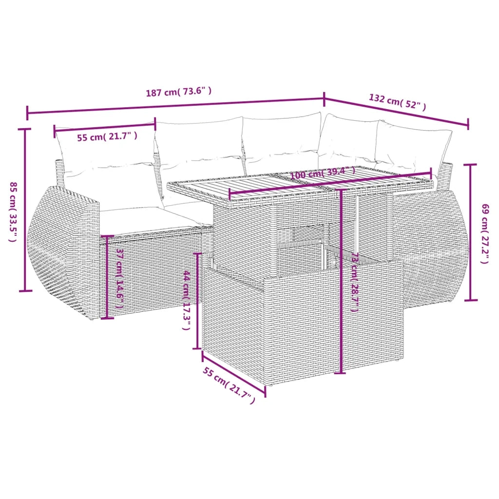 Set Divano da Giardino 5 pz con Cuscini Grigio in Polyrattan