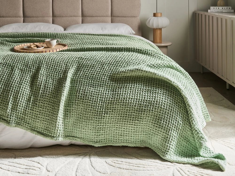 Copriletto in cotone verde 220 x 240 cm con motivo a quadretti, decorativo, per il soggiorno e la camera da letto.