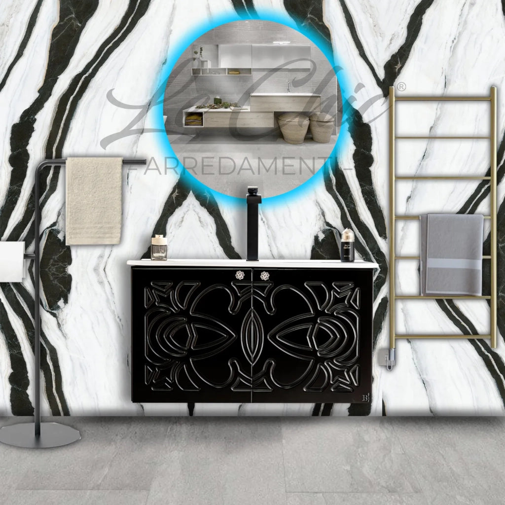 Mobile bagno nero sospeso stile Luxury con colonna - 120 cm, Rettangolare con applique