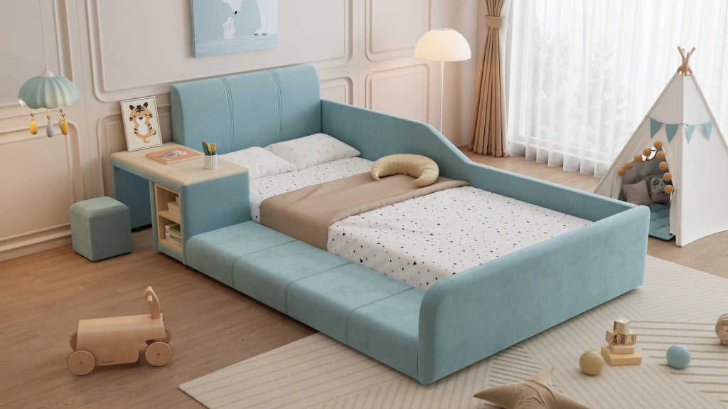 DESMIU Letto per Bambini Singolo con Scrivania, Sgabello, Ripiani e Sponde Alte 90 × 200 cm, Senza Materasso