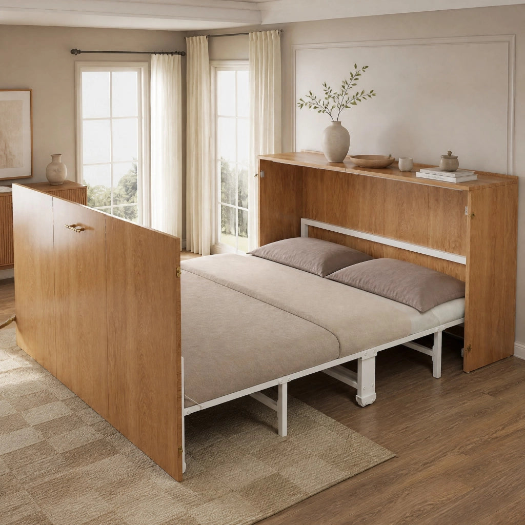 Letto a scomparsa 140 × 200 cm con materasso in lino, struttura in metallo e ruote silenziose, colore legno